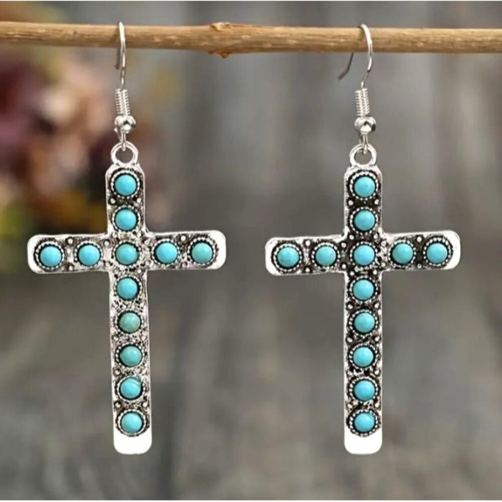 Turquoise & Silver Cross Dangle‎ Earrings NEW